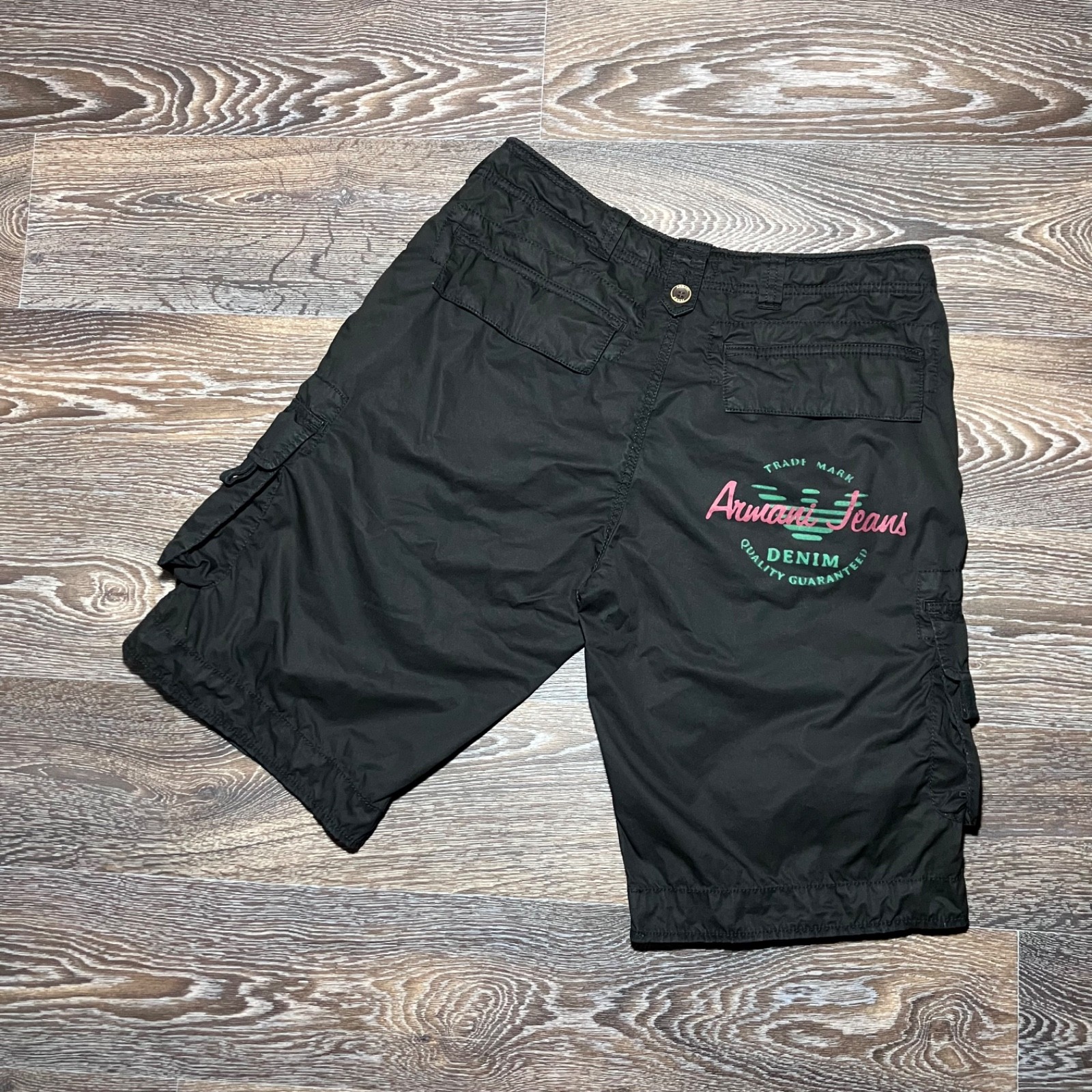 Vintage ARMANI JEANS Logo Print Cotton Black Cargo Shorts size 32