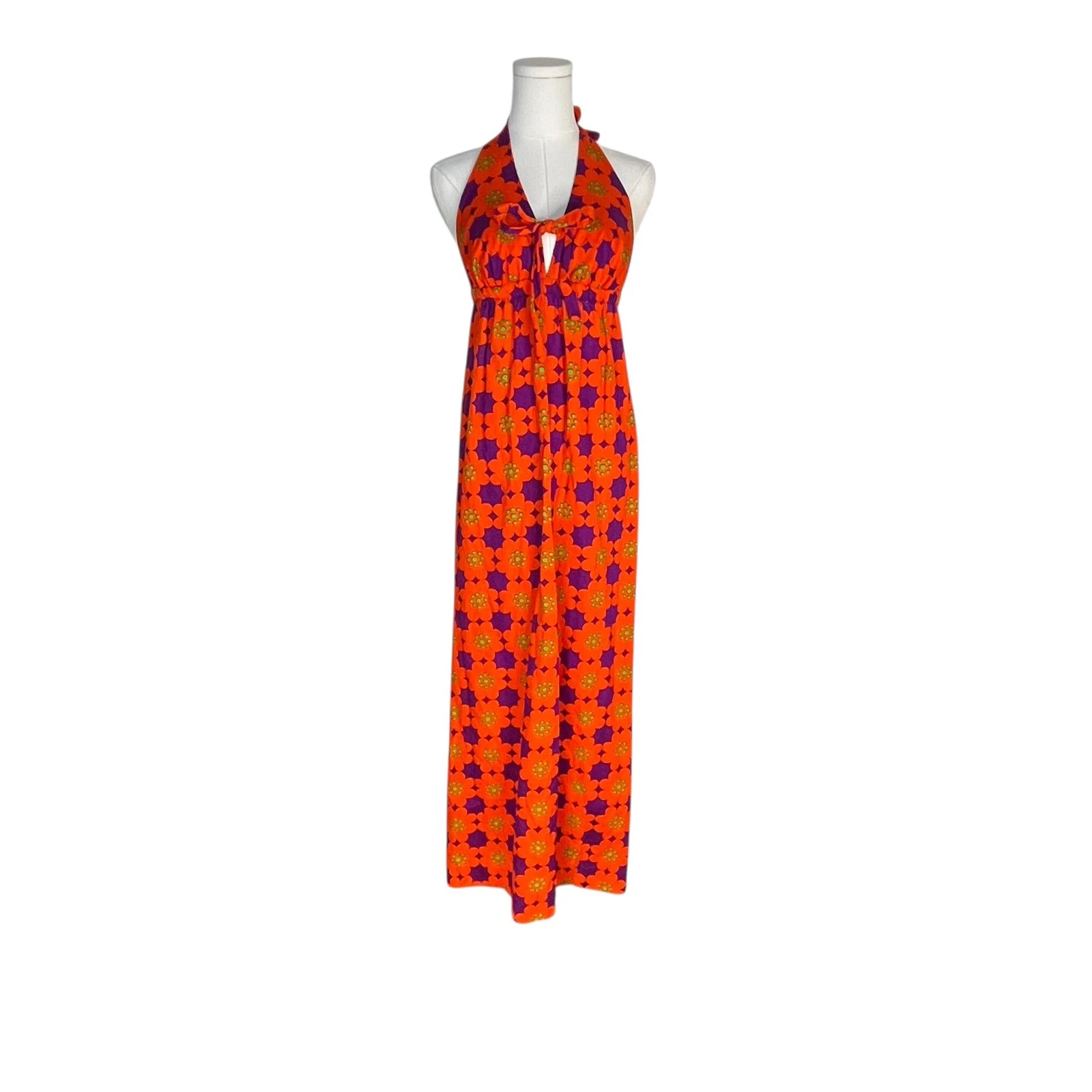 Vintage Beach Mates California Neon Orange Floral Print Halter Dress Retro Surf