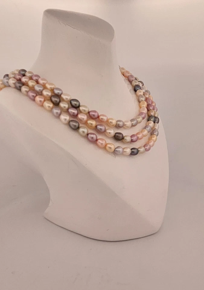 Collar de 3 hebras de perlas multicolores brocheado oro macizo 14k 16" Foto 3 de 4