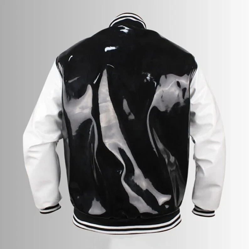Handmade Black & White Vinyl PVC Varsity Jacket Shiny Baseball Letterman Jacket - Image 2 of 4