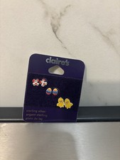 Claires Easter Sterling Silver Stud Earrings Bunnies, Eggs, Chicks. NEW 3 Pairs