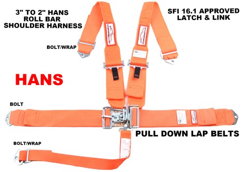 HANS RACING SAFETY HARNESS SFI 16.1 RACING 5 POINT ROLL BAR MOUNT ORANGE - Foto 1 di 6
