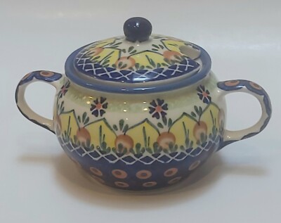 Wiza Polish Pottery Sugar Bowl, Sunflower Pattern, Handcrafted, Blue, Yellow