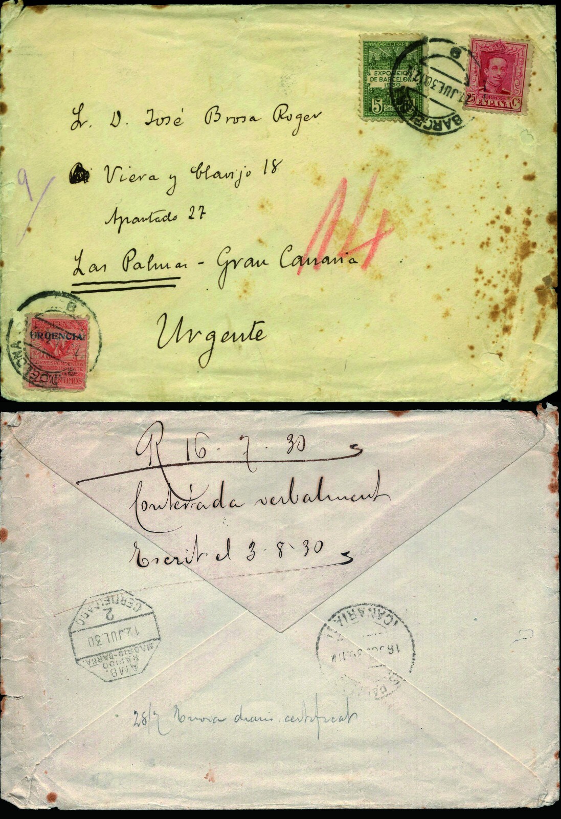 España - Edi o 317+489+Barna - Sobre Urgente "Barcelona 11/7/30" a Las Palmas +