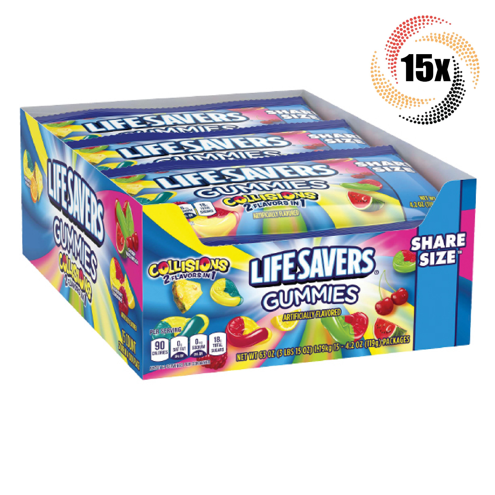 Полная коробка из 15 пакетиков Lifesavers Collisions 2в1, Ассорти жевательных резинок King Size | 4,2 унции