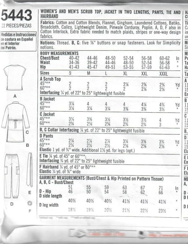 Scrubs Pattern Top Pants LAB Coat Men & Women Simplicity 5443 SZ XL-XXL UNCUT - Image 2 of 4