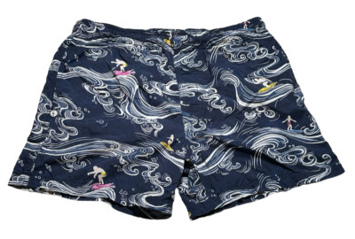 North Sails Sz 32 Swim Shorts Rare Surfer Wave Print 4'' Inseam Lined Blue White