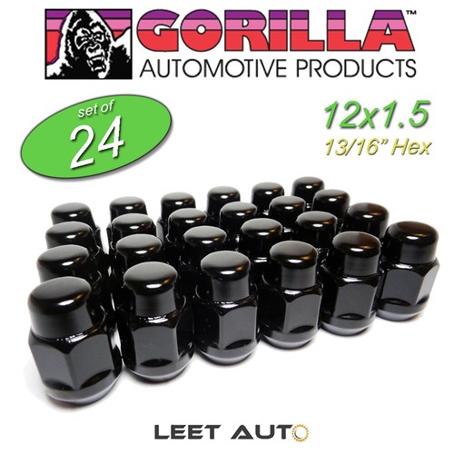 (24pc.) Gorilla Lug Nuts, 12mm x 1.50, Black, 12x1.5, Bulge Acorn
