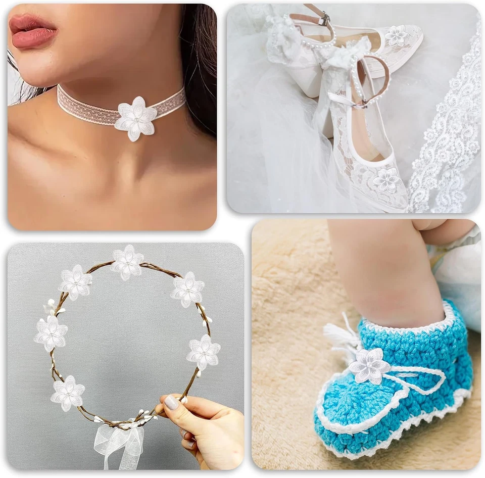 Cinta de recorte de flores de organza de 2 yardas con borde de encaje, cuentas de perlas 3D encaje de flores Tr Foto 3 de 4