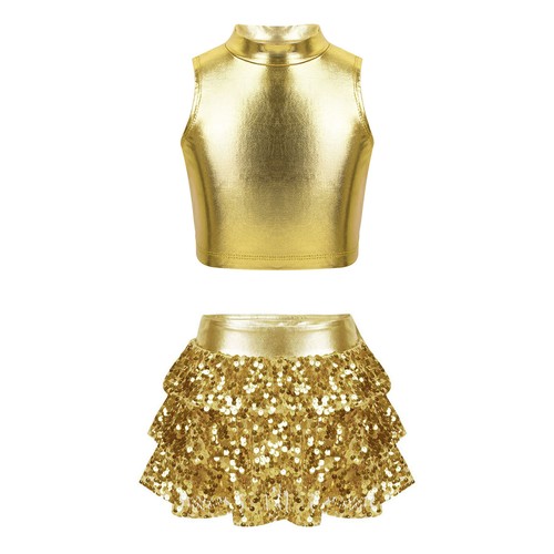 Kids Girls Ballet Dance Dress 2-Piece Metallic Shiny Lyrical Latin Dancewear - Picture 4 of 39