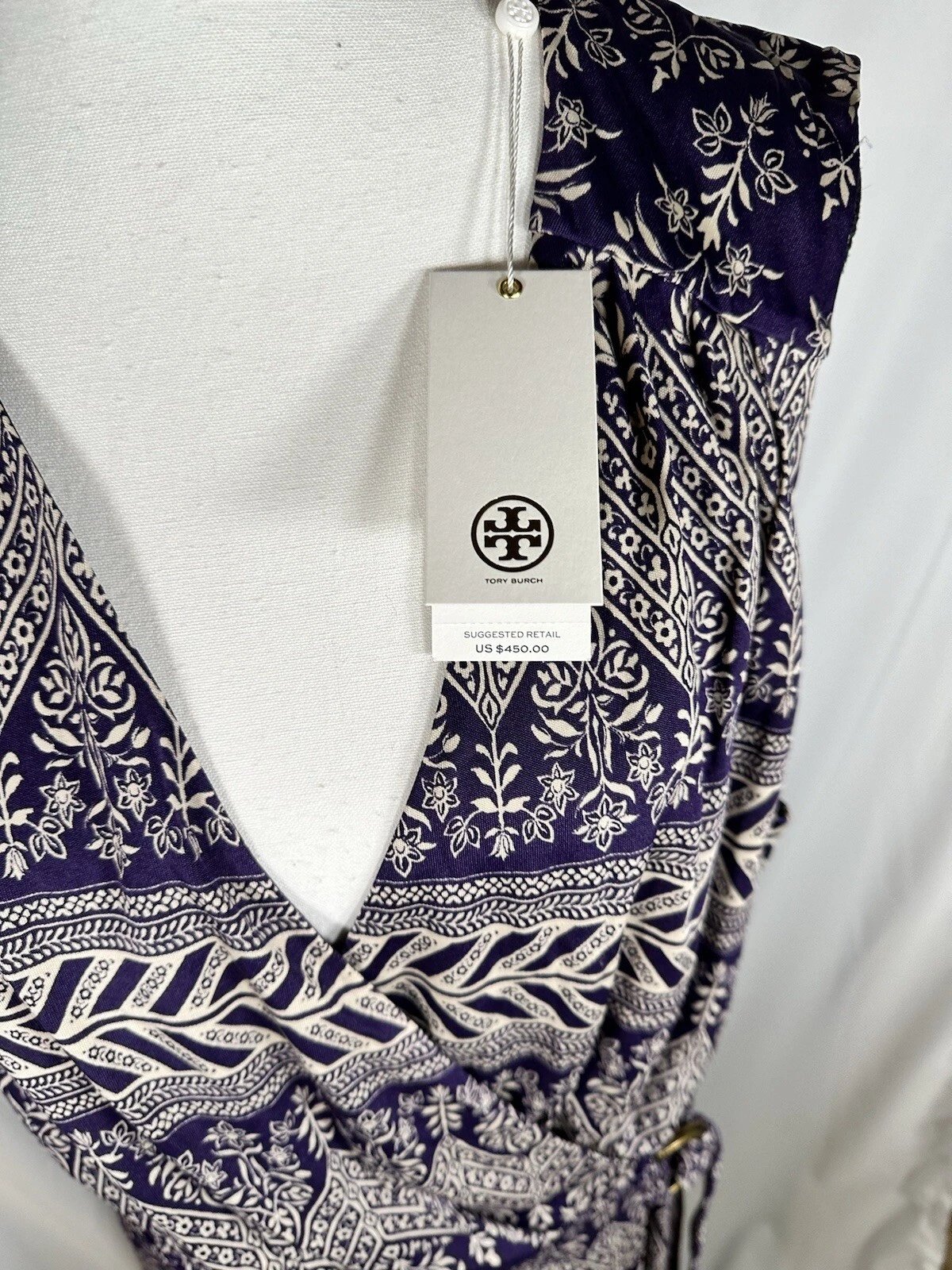 Abito nuovo con etichette Tory Burch misto seta viola e avorio taglia XL Bohemian Rochelle