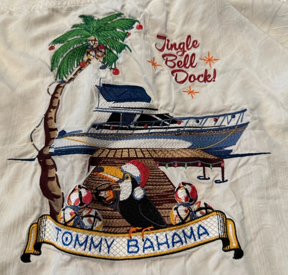 Рубашка мужская Tommy Bahama размер XL цвет слоновой кости шелк гавайский рождественский джингл колокол док винтаж - Изображение 2 из 4