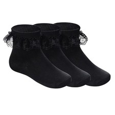 3 Pairs Girls Ruffle Socks White Ruffled Lace Socks for Girls 8-10 Years Black