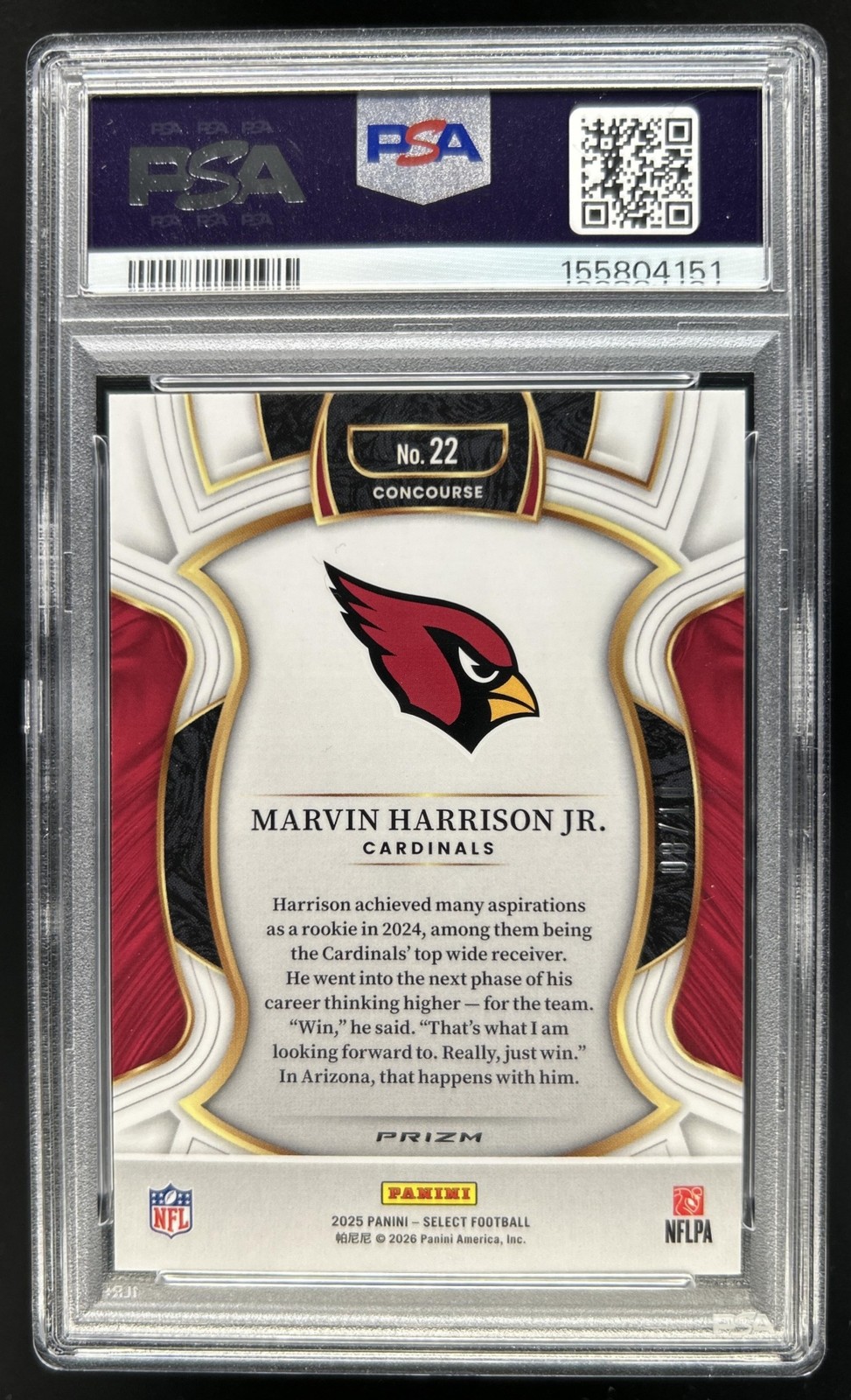 2025 Panini Select Marvin Harrison Jr. Concourse Gold Prizm #/10 Cardinals PSA 9 view 2