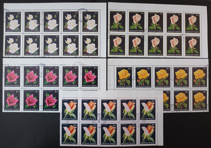 HUNGARY. 1987. ROSES. 5 SHEETS Х 10 STAMPS. FLOWERS. PLANTS. LOT IN GERMANY