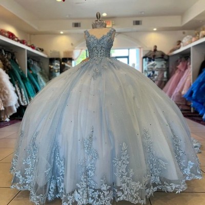 Blue Dot Illusion Quinceanera Dresses Applique Sweet16 Years Girl Birthday Party