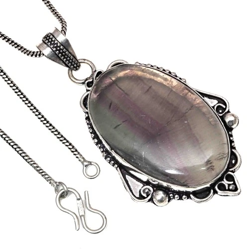 Pendant Flourite Gemstone Handicraft Valentine'Day Gift Silver Jewelry 2.5"
