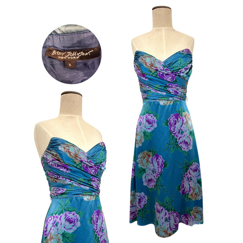 Vintage 1990s Betsey Johnson Blue & Purple Floral Silk Ruched Sweetheart Dress