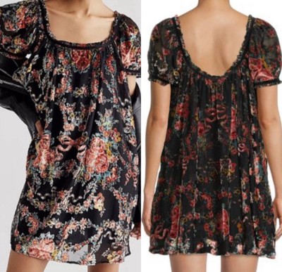 Free People NWT Beautiful Blooms Mini Dress Black Floral Burnout Womens Size XS