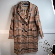 Chartou Tan Orange Plaid Peacoat Winter Coat Longline Wool Blend Size L