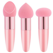 3 Pcs Pink Makeup Sponge Set with Handle Brush for Foundation Concealer