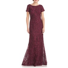 JS Collections Red Evening Gown Metallic Lace A-Line Long Formal Dress Size 4
