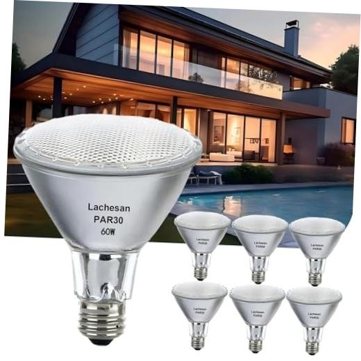 Halogen Flood Bulb Dimmable 60W 120V E26 Base 6pcs Par30 Long Neck 60.0 Watts
