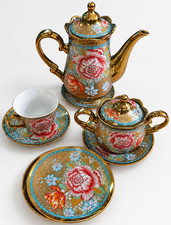 Porcelain Glossy Floral Gold Tea Set w/ Teapot/Lid, Cup/Saucer, Sugar Bowl