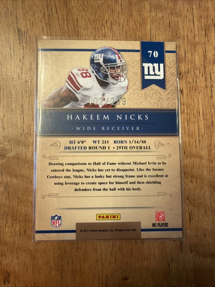 2011 Panini Gold Standard Football Hakeem Nicks #70 Base Card 102/299! Giants! - Image 2 of 2