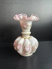 6 1/4" Fenton Charleton Peach Crest Melon Vase Hand Painted Roses & Gold