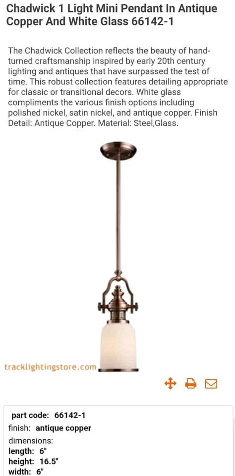 Мини-кулон Chadwick 1 лампа в антикварном медном и белом стекле 66142-1 - Изображение 3 из 4