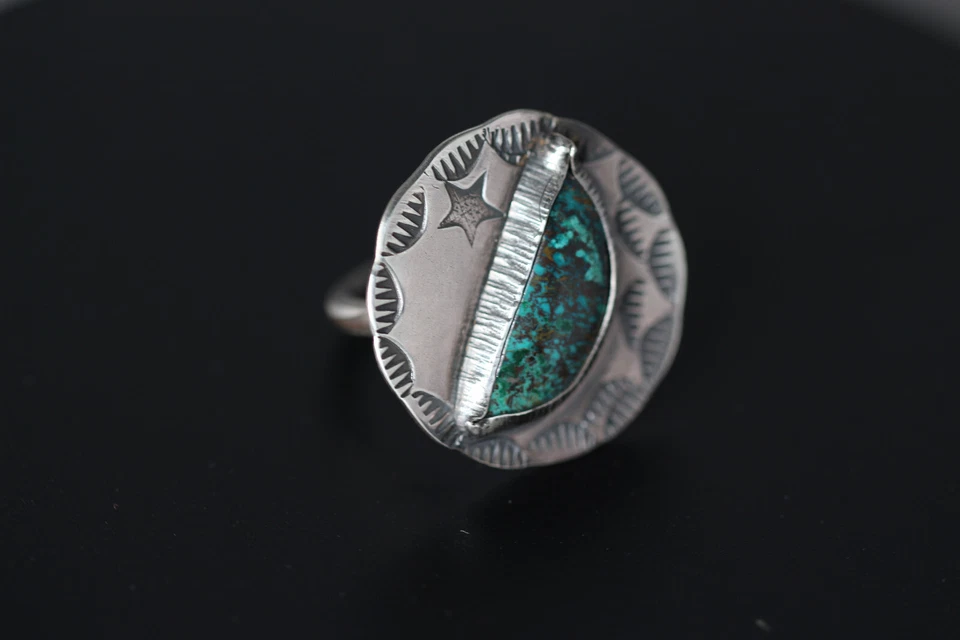 Anillo Crisocola Azul Cabujón Piedra Preciosa Plata de Ley 925 Talla 5.5 Estrella Luna Foto 2 de 4