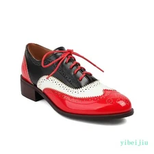 Retro Womens Wing Tip Lace Up Brogue College Pumps Leather Colorblock Shoes 2025