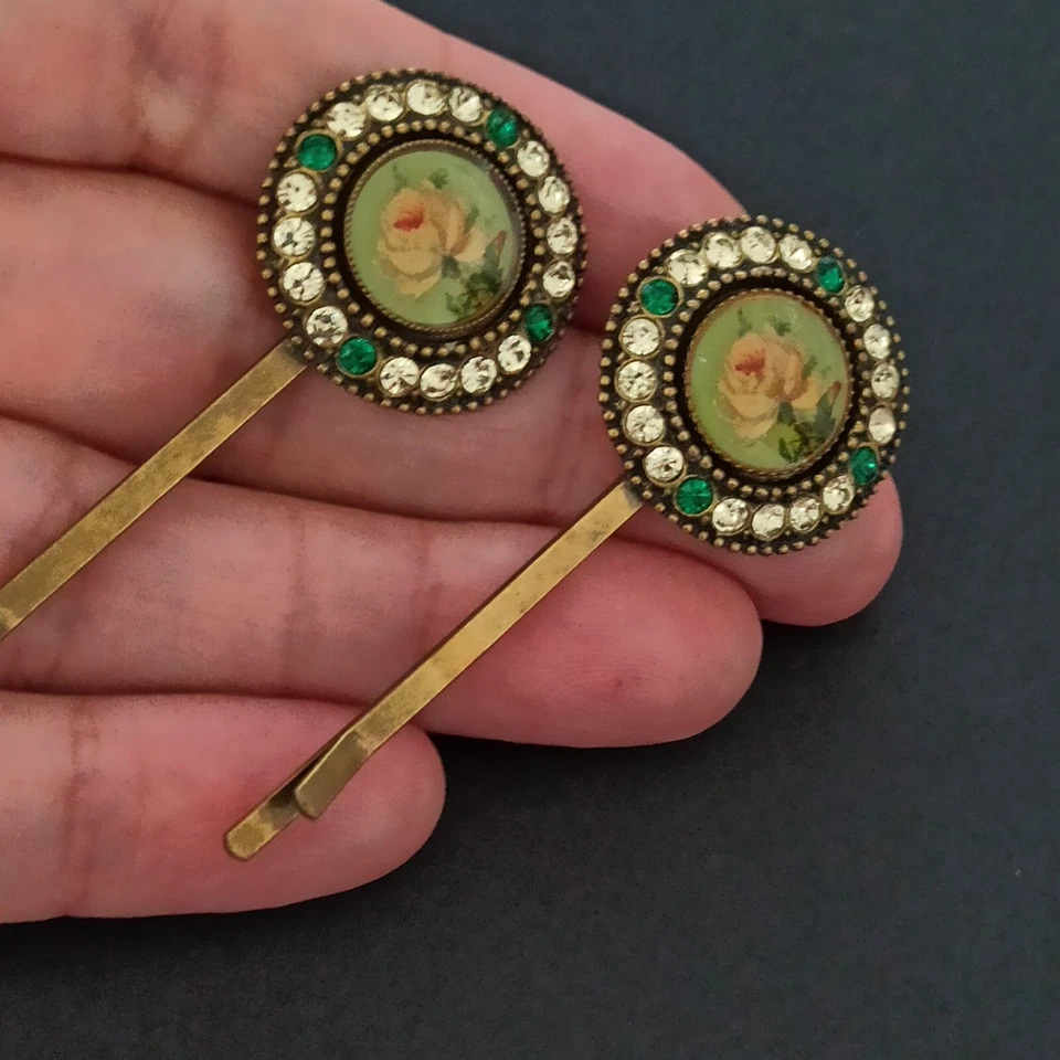 Par de horquillas Michal Negrin 2 rosas románticas con cristales de Swarovski victorianas nuevas Foto 4 de 4