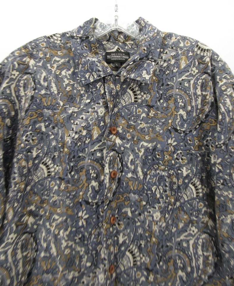J Peterman Company Shirt Men Large Blue Linen Paisley Camp Loop Collar Button Up - Image 2 of 4
