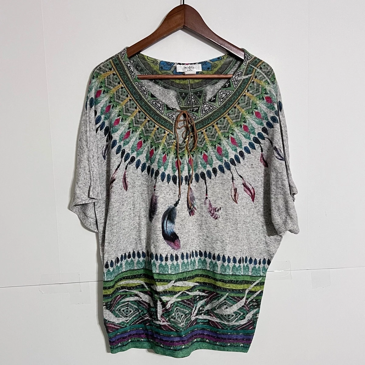 Blouse Femme Moa Moa Taille M – Manches Longues Avec épaules Dénudées – Tunique Longue En Rayon – Multi-color