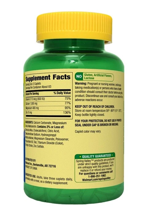 Spring Valley Calcium, Magnesium & Zinc Plus Vitamin D3 Coated Caplets,250 Count - Image 3 of 4