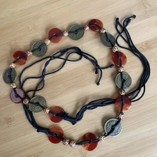 VINTAGE WOMEN’S TIE SASH BOHO BELT CHINESE TOKENS BLACK CORD BOHEMIAN BB3