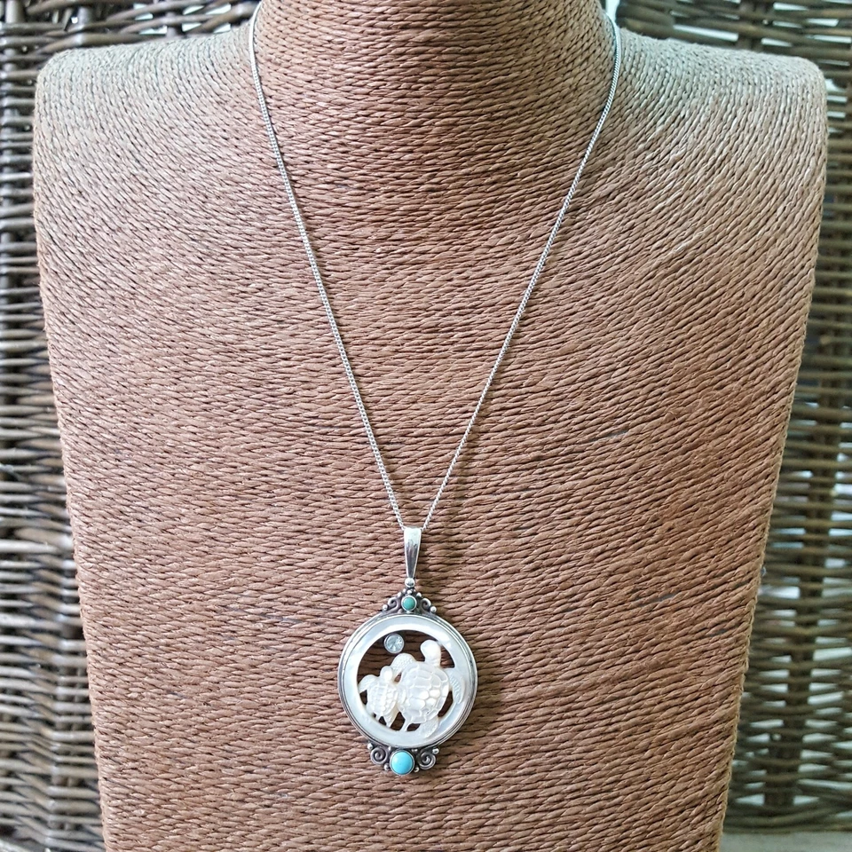 Sajen 925 Sterling Silver Necklace, Mother Of Pearl, Turquoise Turtle Pendant - Image 3 of 4