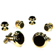 Black Circular Onyx Double Edge Gold Concentric Circles Studs and Cufflinks
