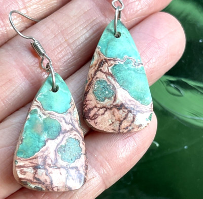 Navajo Turquoise Slab Earrings 2'' Ocean Wave Hook Sterling Green Indigo Mermaid