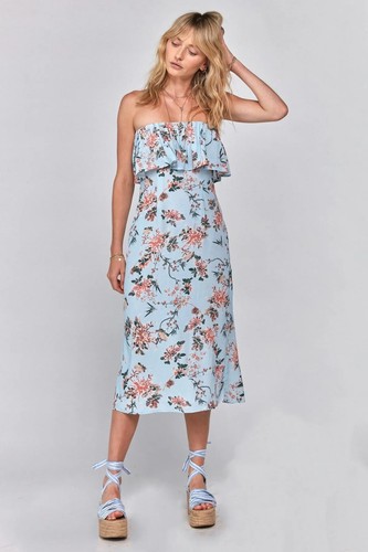 Flynn Skye M Fiona Kleid Midi Blau Blew My Mind Rüschen Bandeau Trägerlos Blumen