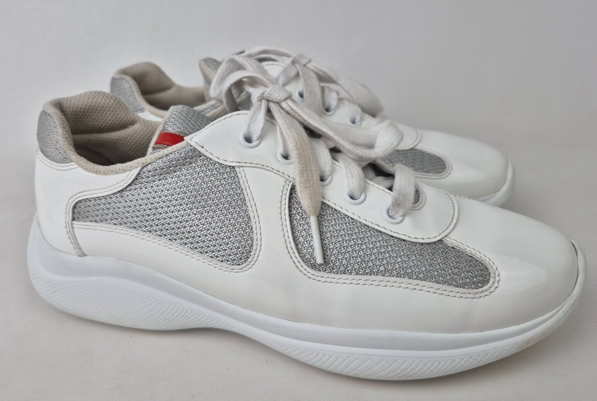 Prada Women's Patent Bianco White Argento America's Cup Sneakers