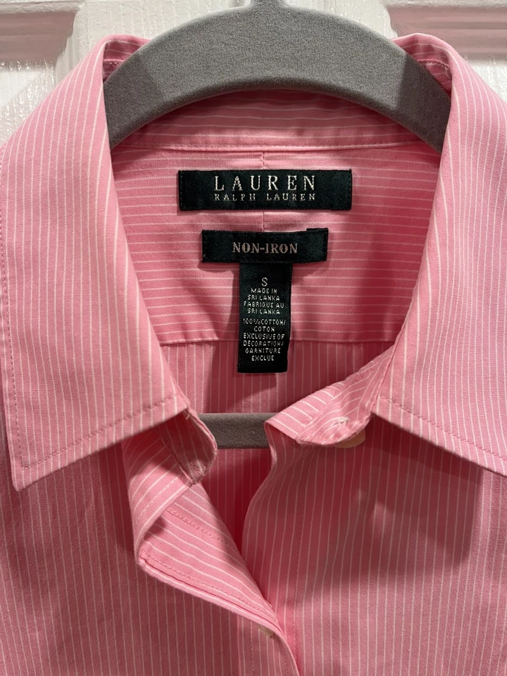 Lauren Ralph Lauren Pink White Stripe Non Iron Button Down Shirt Women's Small - Image 3 of 4