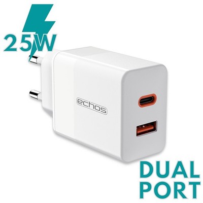 25W USB Schnellladegerät Dual Port USB-C+A Power Ladegerät Netzteil PD QC 3.0 
