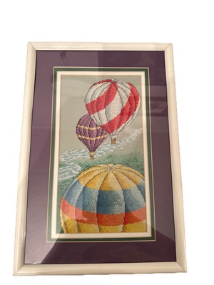 Hot Air Balloons Cross Stitch Art Vintage  Matted Prof.  Framed 1994 10.16 x 16 