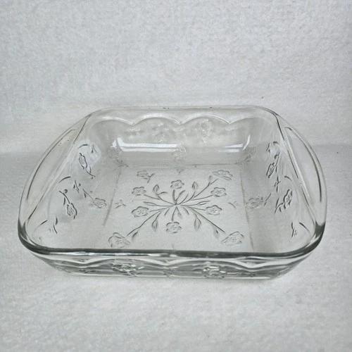 Vtg Anchor Hocking SAVANNAH Clear Floral Glass Baking Dish 9 X 9