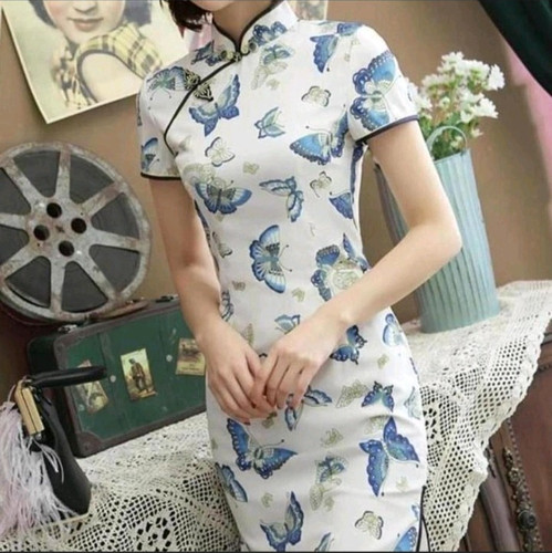 Women’s Modern Butterfly Cheongsam /Qipao Dress 🦋 Blue Butterfly Print Size XS
