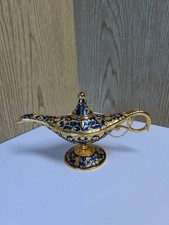 Ornate Blue and Gold Painted Genie Lamp w/ Attached Lid 8 1/2 Long