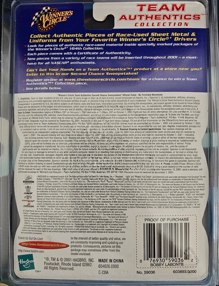 Bobby Labonte 2001 Team Authentics Winners Circle 1:64 Diecast Firesuit - Image 2 of 2